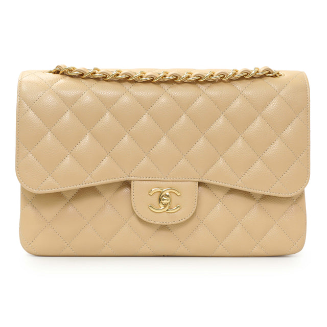Chanel Beige Quilted Caviar Jumbo Classic Double Flap Handbags Chanel