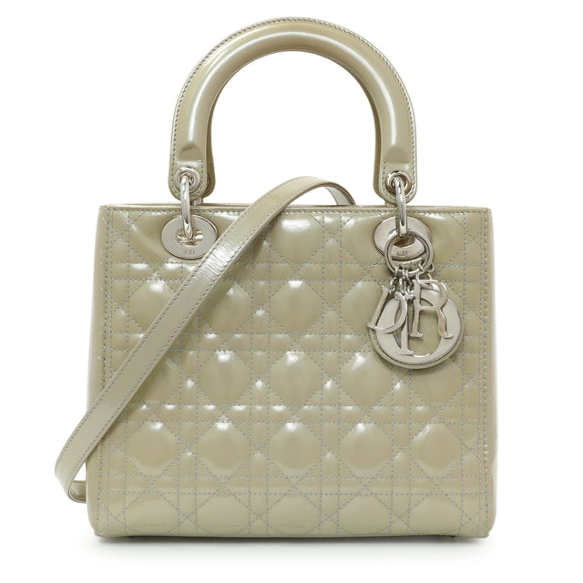 Christian Dior Metallic Grey Patent Cannage Medium Lady Dior Handbags Christian Dior