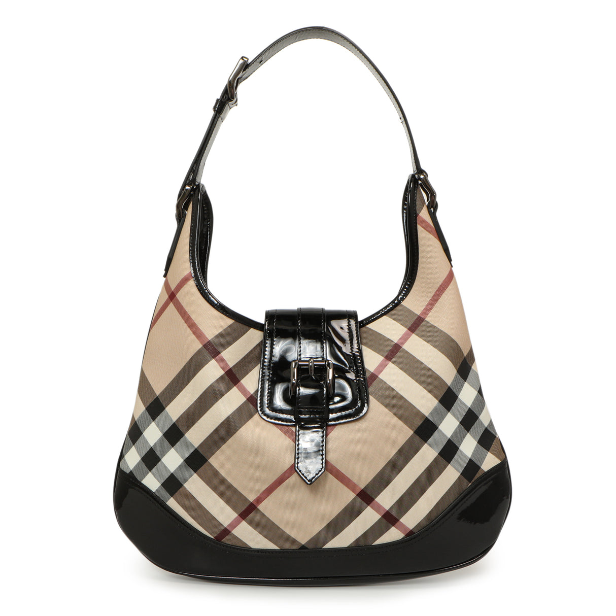 Burberry Black Patent Nova Check Brook Hobo