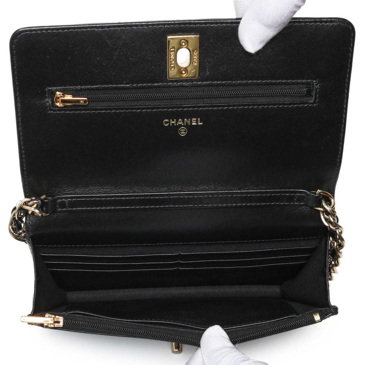 Chanel Black Quilted Shiny Lambskin Golden Links Wallet on Chain Handbags Chanel
