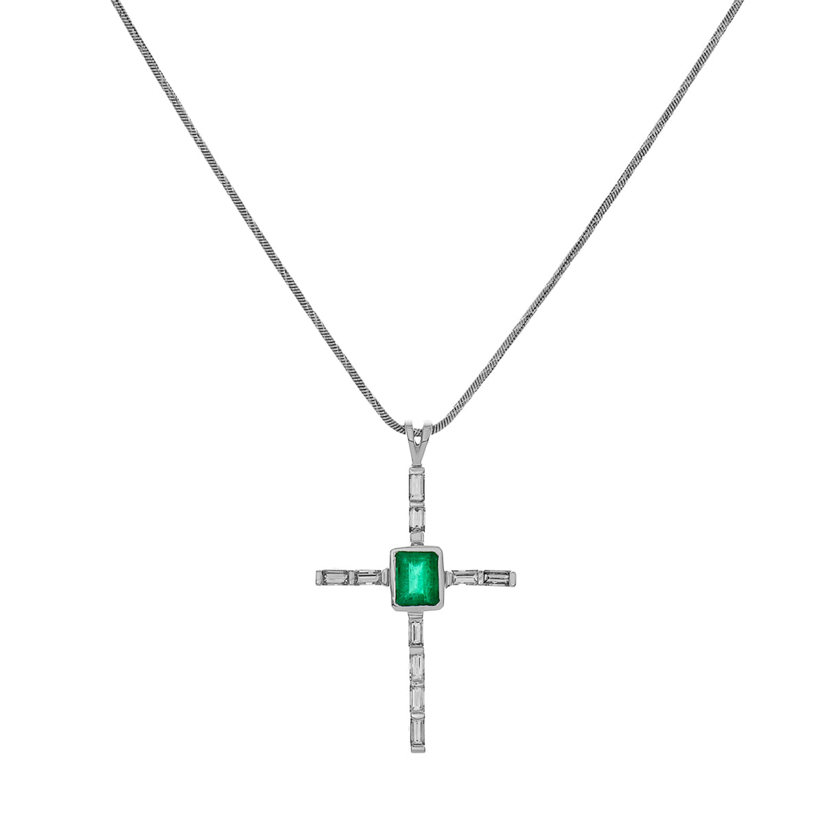 18K White Gold 1.05 Carat Emerald Diamond Cross