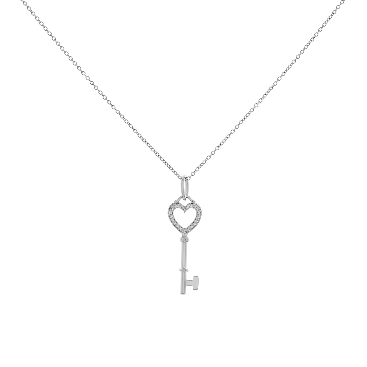 Tiffany & Co. 18K White Gold Diamond Mini Heart Key Pendant Necklace Designer Jewellery Tiffany and Co