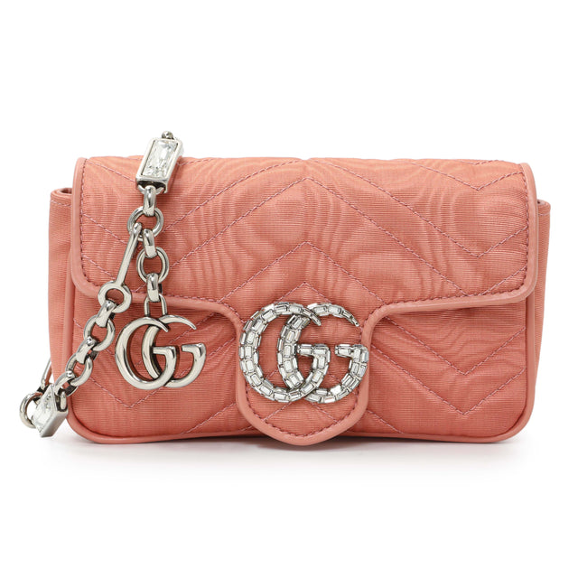 Gucci Blush Moire Fabric Mini GG Marmont Crystal Chain Belt Bag Handbags Gucci