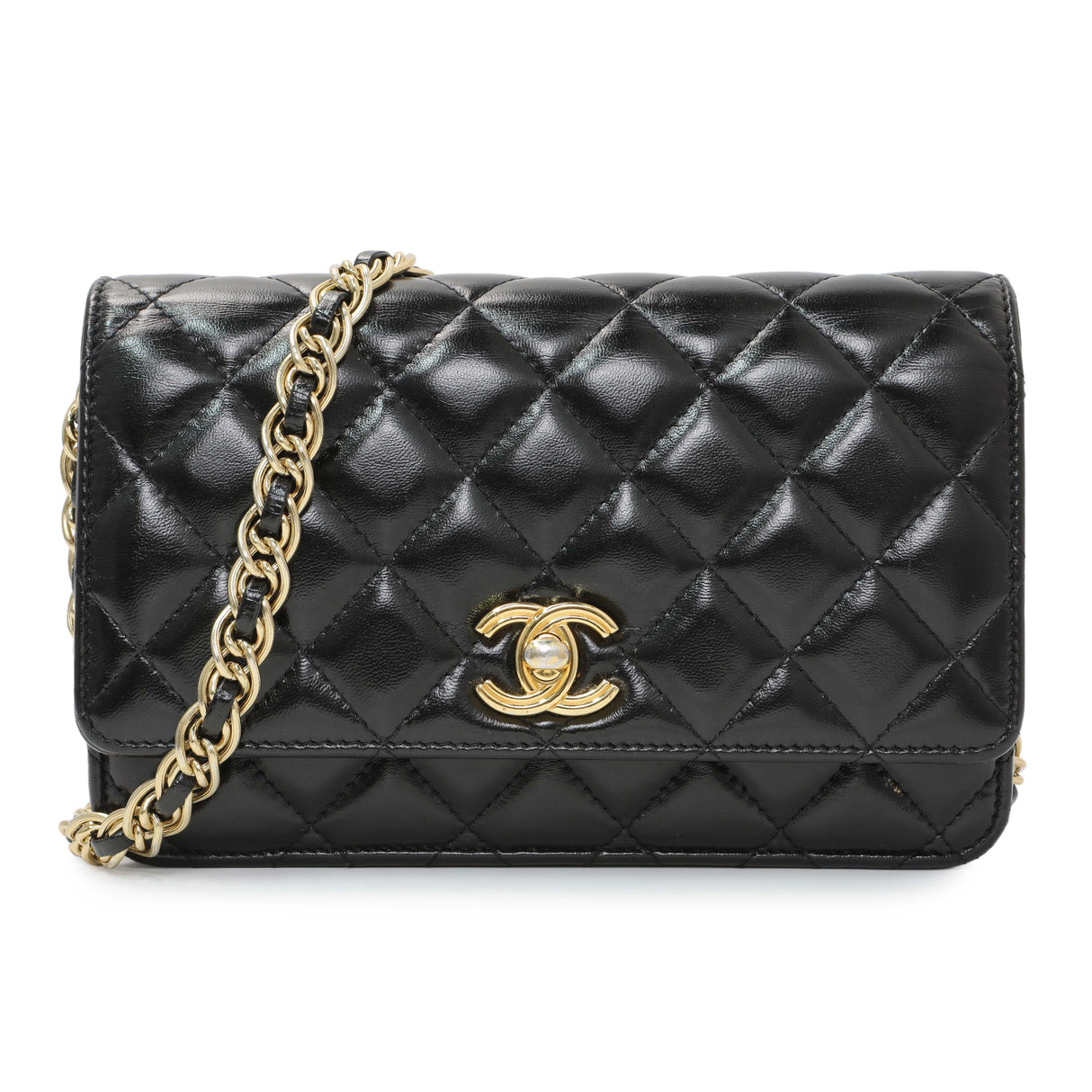 Chanel Black Quilted Shiny Lambskin Golden Links Wallet on Chain Handbags Chanel