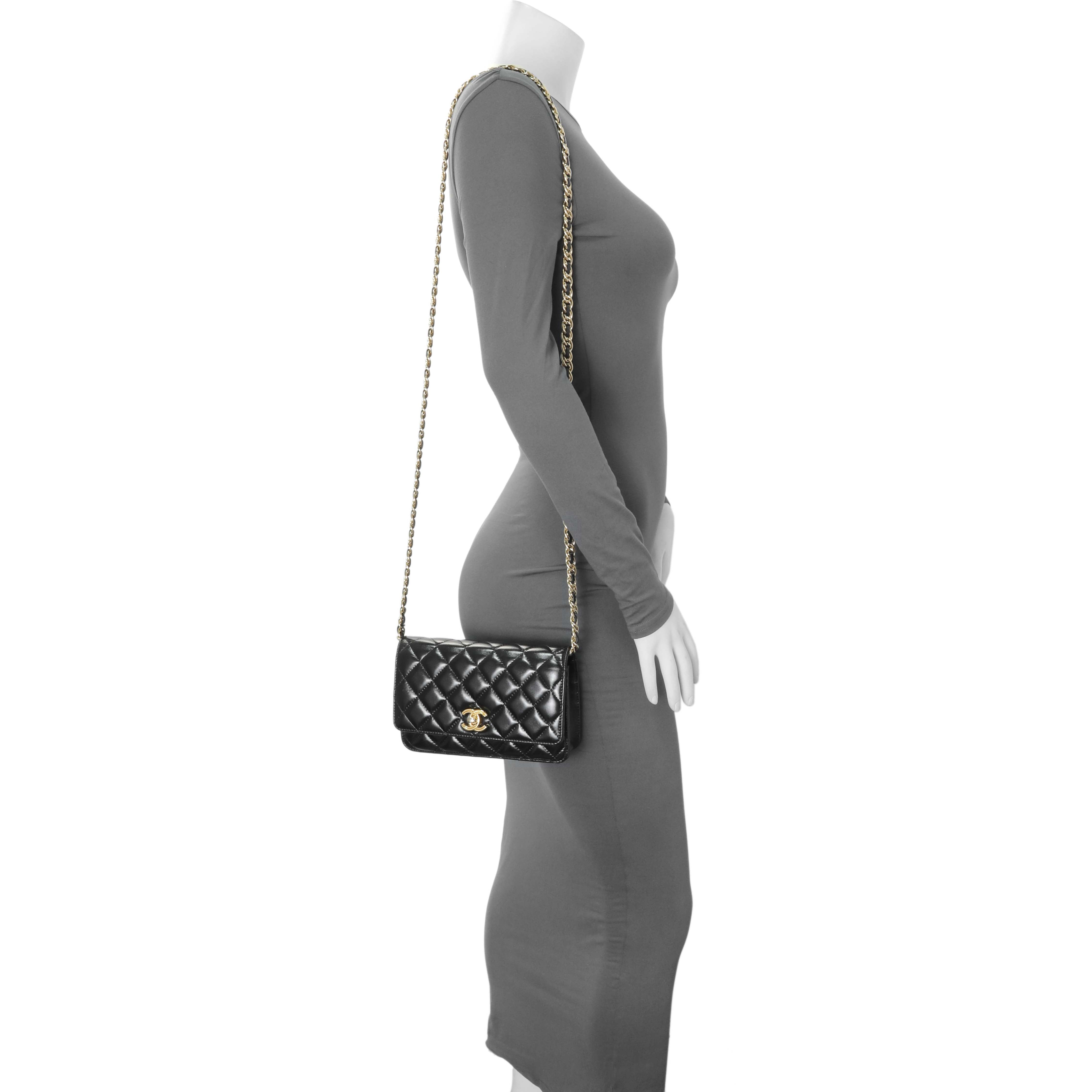Chanel Black Quilted Shiny Lambskin Golden Links Wallet on Chain