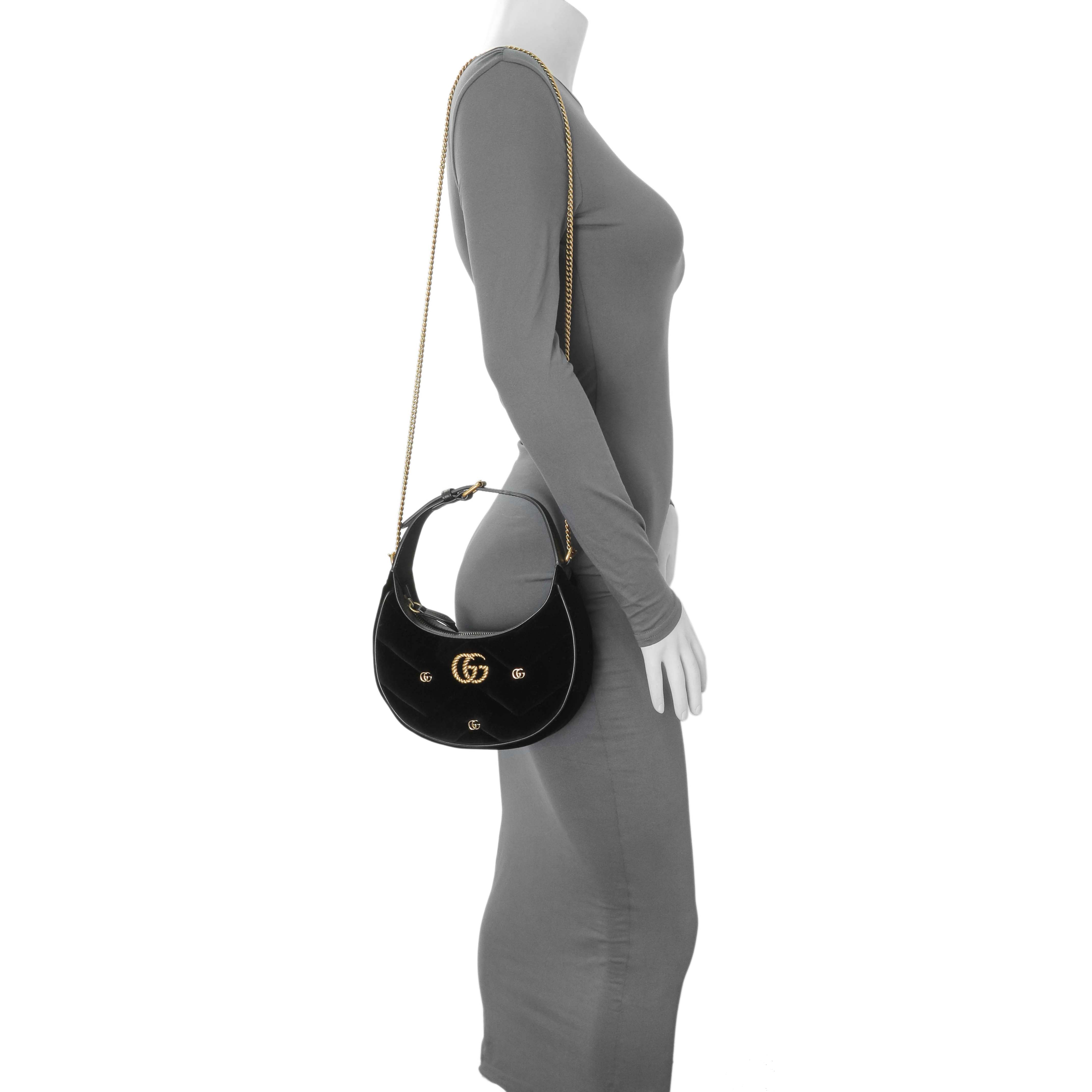 Gucci Black Velvet Matelasse Double G Studs Marmont Half Moon Hobo