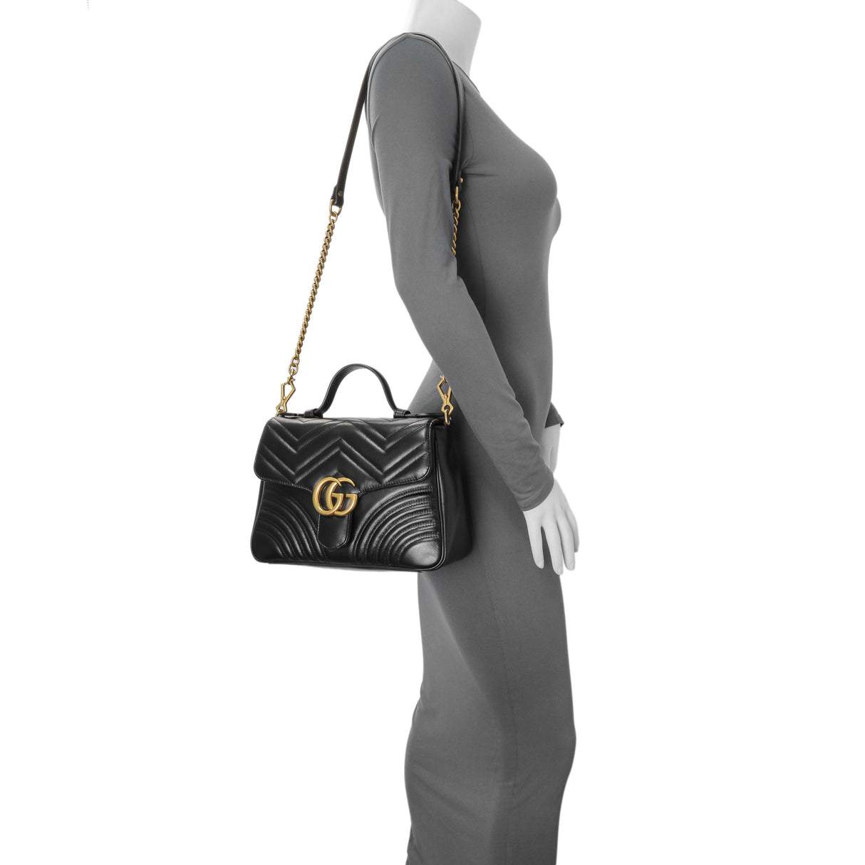 Gucci Black Calfskin Matelasse Small GG Marmont Top Handle Shoulder Bag Handbags Gucci