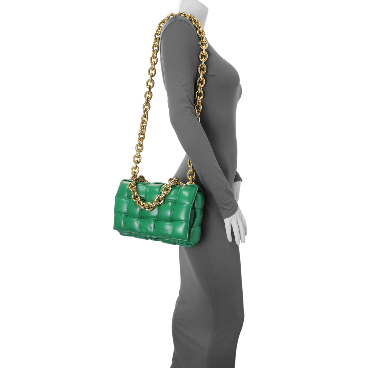 Bottega Veneta Green Lambskin Maxi Intreccio Padded Chain Cassette Crossbody Bag Handbags Bottega Veneta