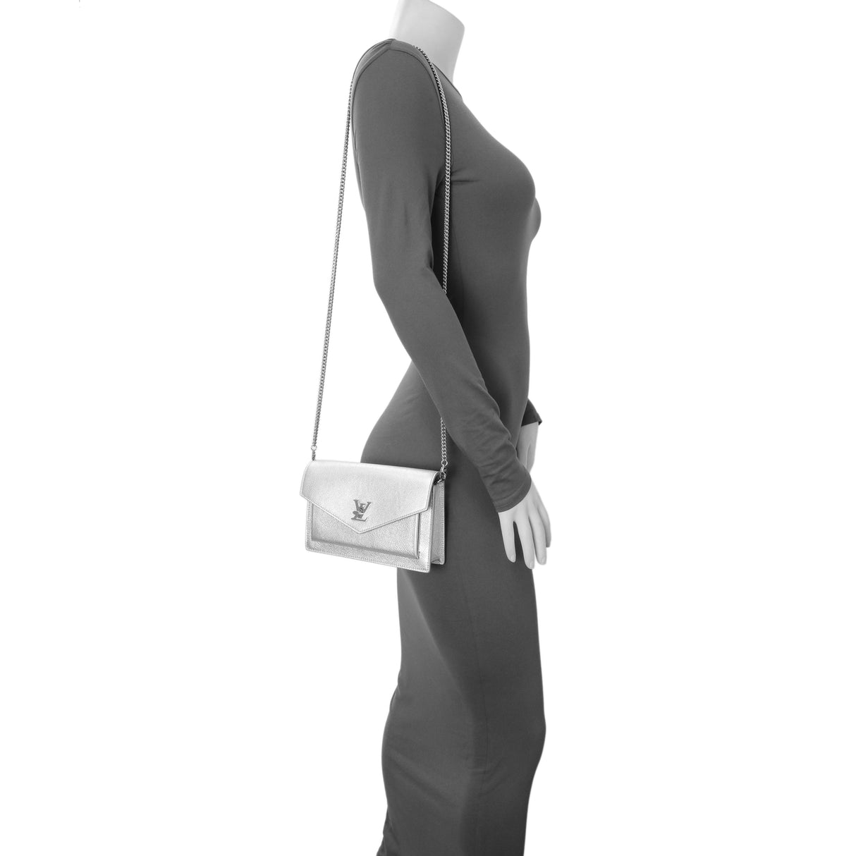 Louis Vuitton Silver Soft Calfskin Mylockme Chain Pochette Handbags Louis Vuitton