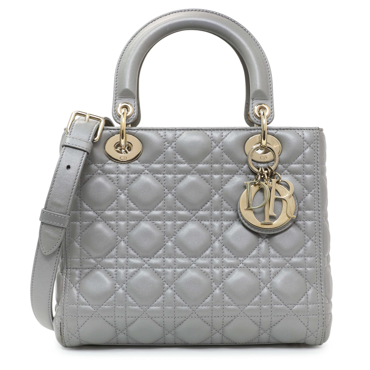 Christian Dior Grey Lambskin Cannage Medium Lady Dior Handbags Christian Dior