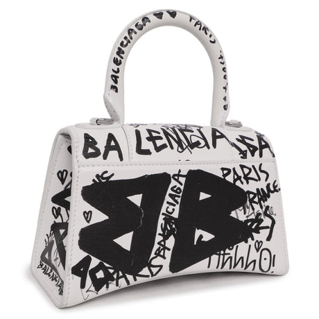 Balenciaga White Calfskin Graffiti Hourglass Top Handle Bag  XS