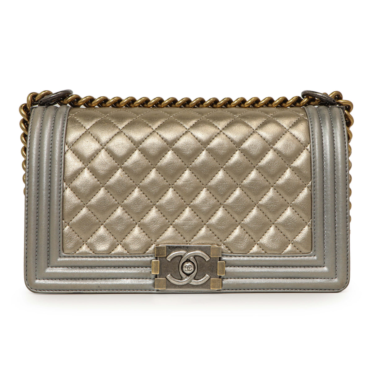 Chanel Silver Gold Quilted Calfskin Medium Boy Bag