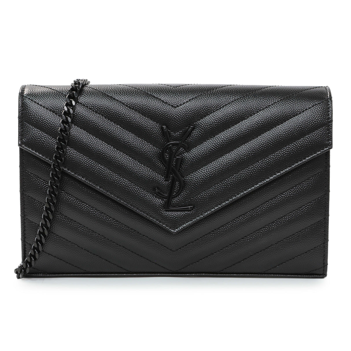 Saint Laurent Black Grain De Poudre Matelasse Chevron Monogram Chain Wallet Handbags Saint Laurent