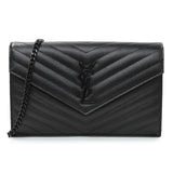 Saint Laurent Black Grain De Poudre Matelasse Chevron Monogram Chain Wallet Handbags Saint Laurent