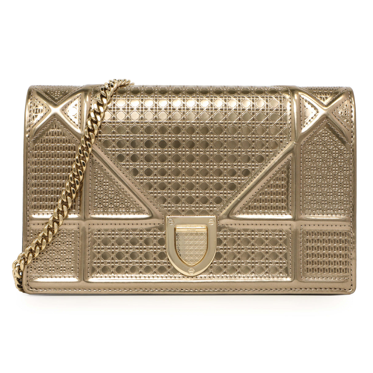 Christian Dior Metallic Gold Patent Micro Cannage Diorama Wallet on Chain