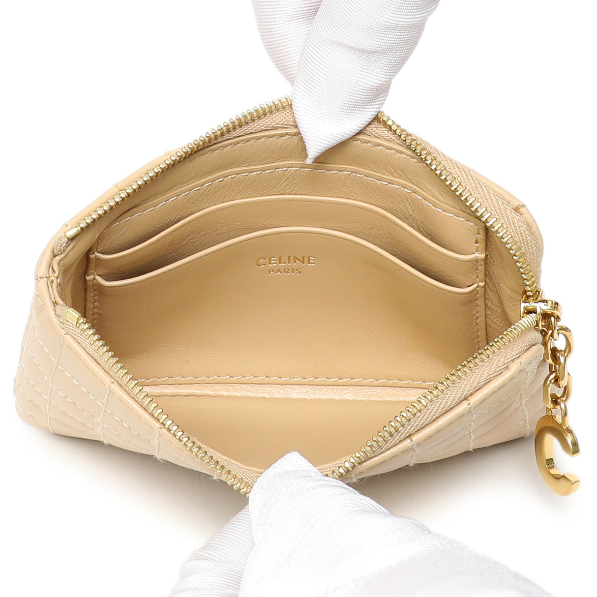 Celine Nude Calfskin Quilted C Charm Coin Card Pouch