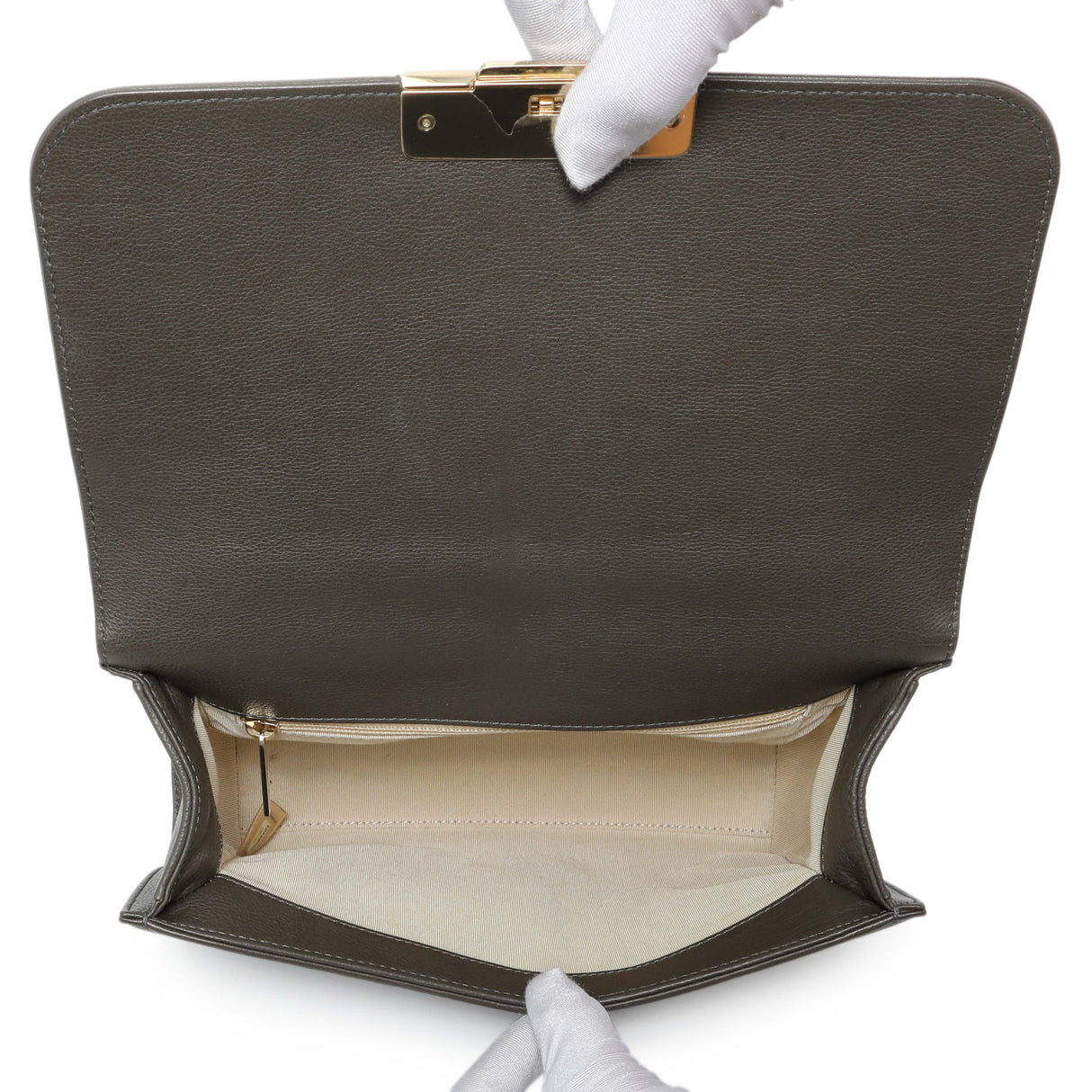 Chanel Khaki Grained Calfskin Quilted Medium Label Click Flap