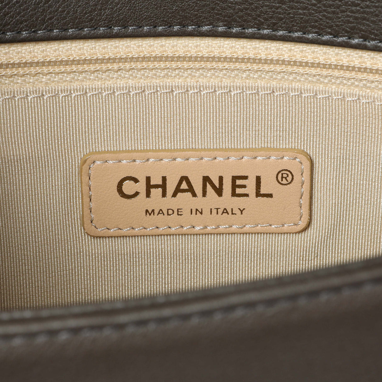 Chanel Khaki Grained Calfskin Quilted Medium Label Click Flap