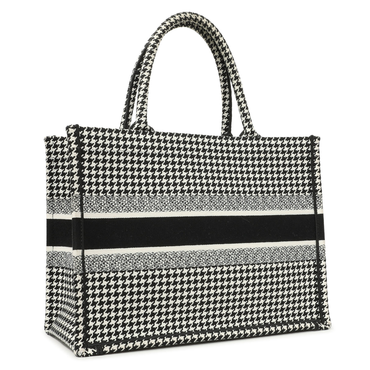 Christian Dior Black White Houndstooth Canvas Medium Book Tote