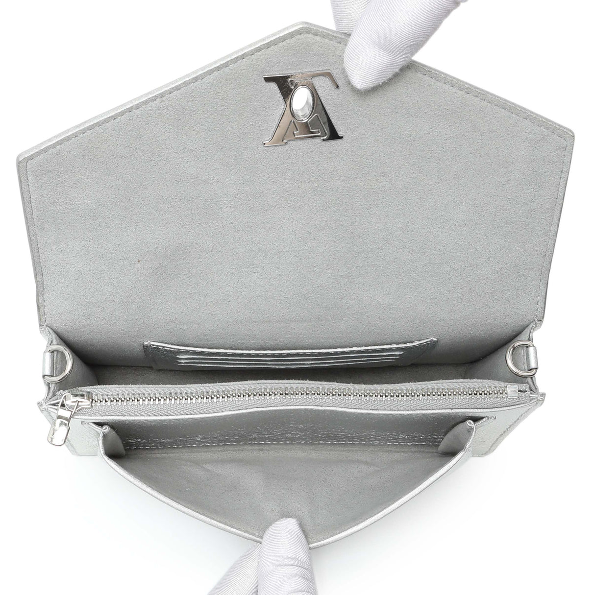 Louis Vuitton Silver Soft Calfskin Mylockme Chain Pochette Handbags Louis Vuitton