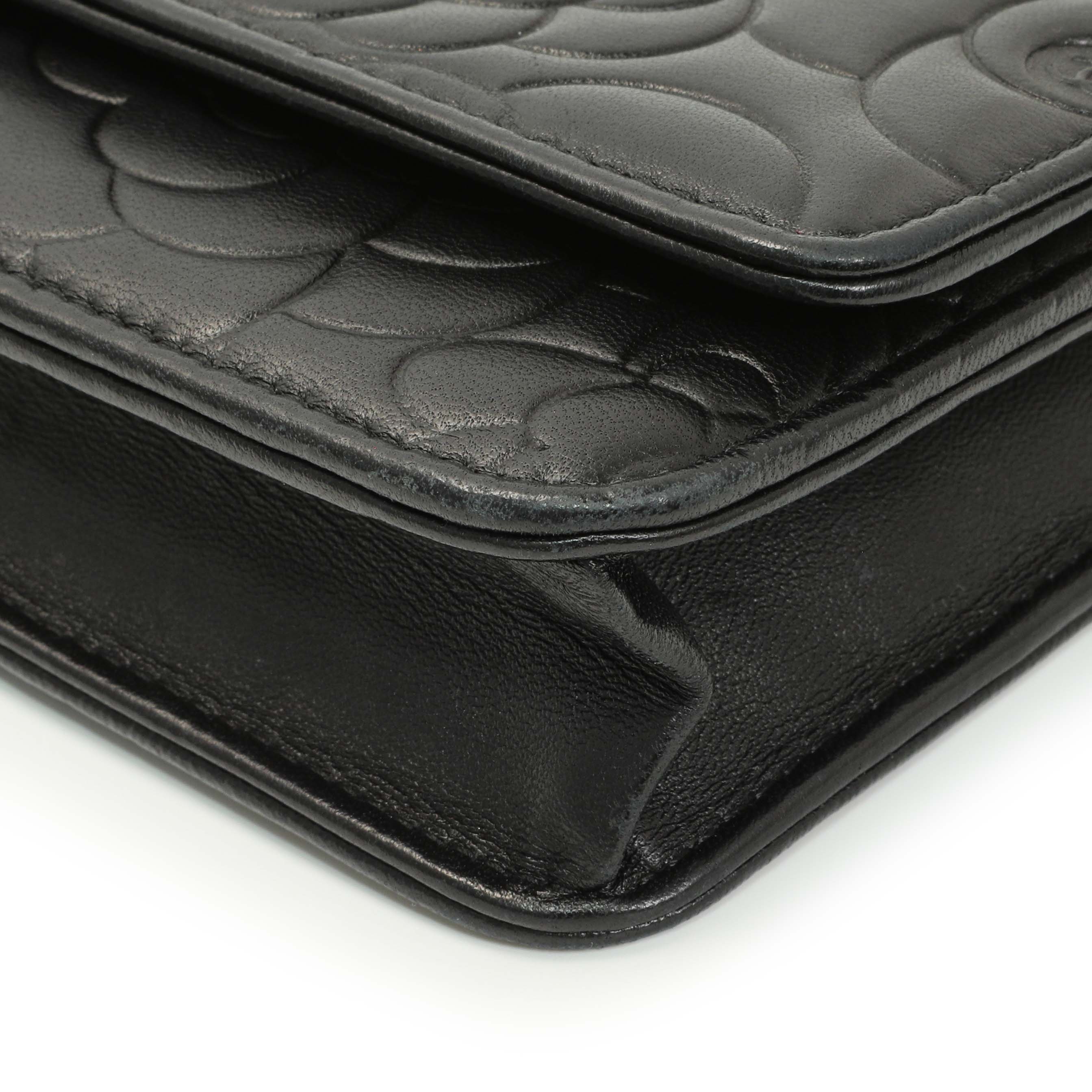 Chanel Black Lambskin Camellia Embossed Wallet on Chain – Modaselle