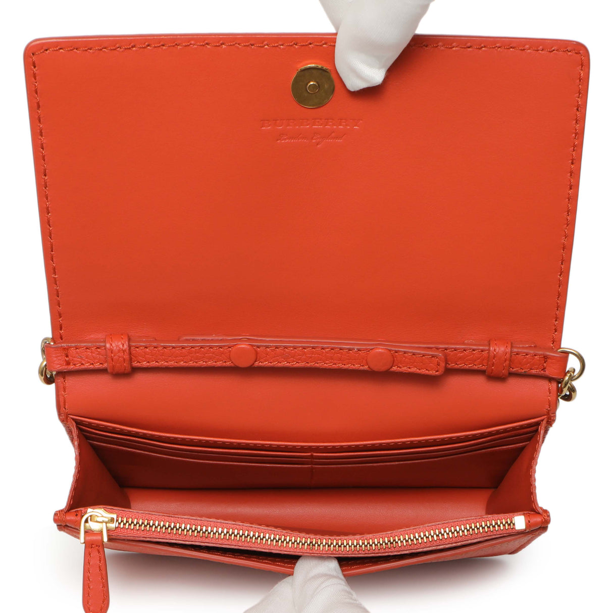 Burberry Orange Pebbled Leather Hampshire Wallet On Chain