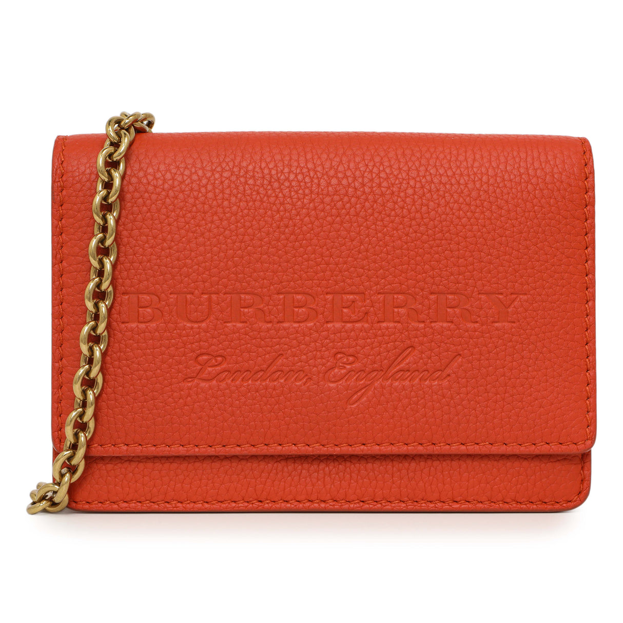 Burberry Orange Pebbled Leather Hampshire Wallet On Chain