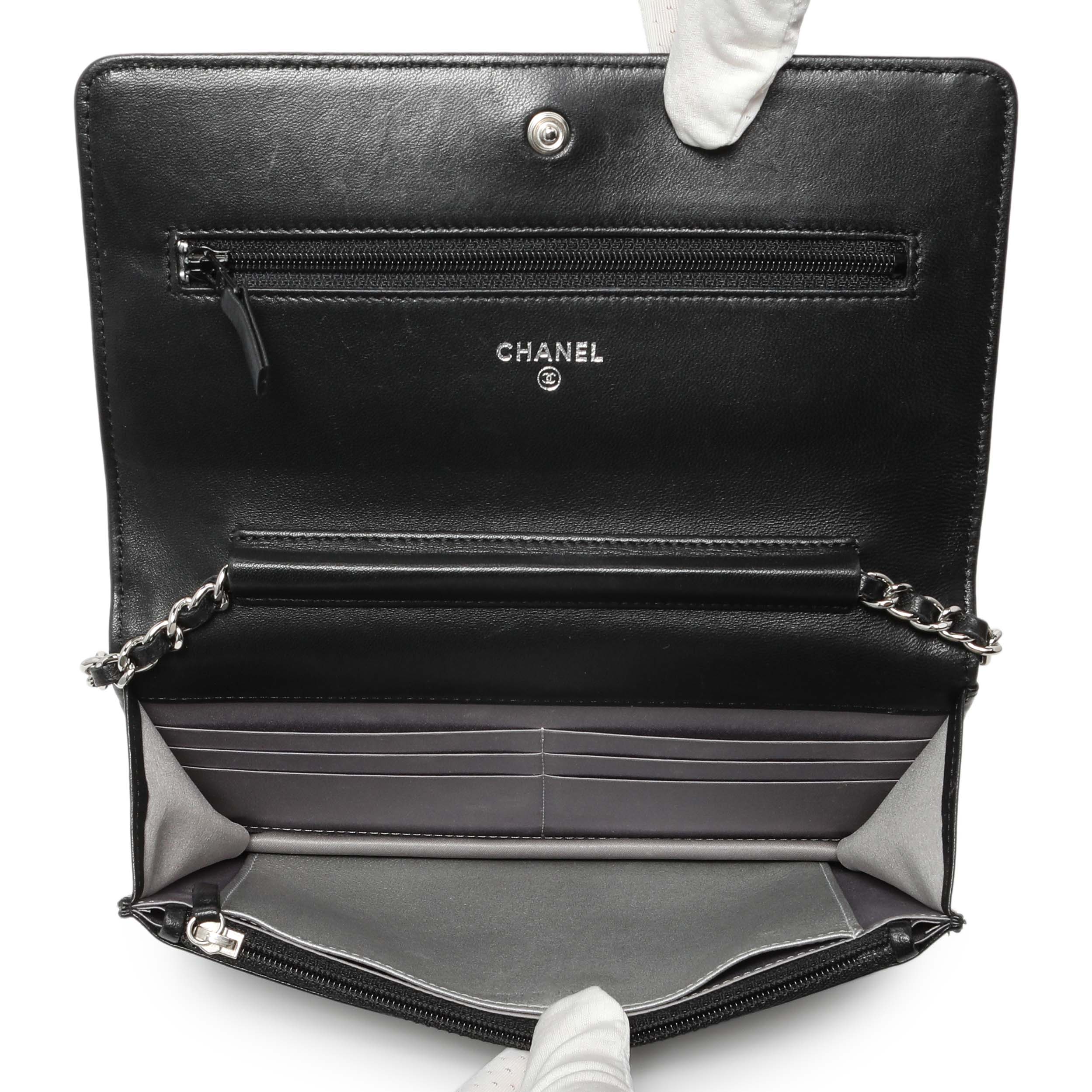Chanel Black Lambskin Camellia Embossed Wallet on Chain – Modaselle