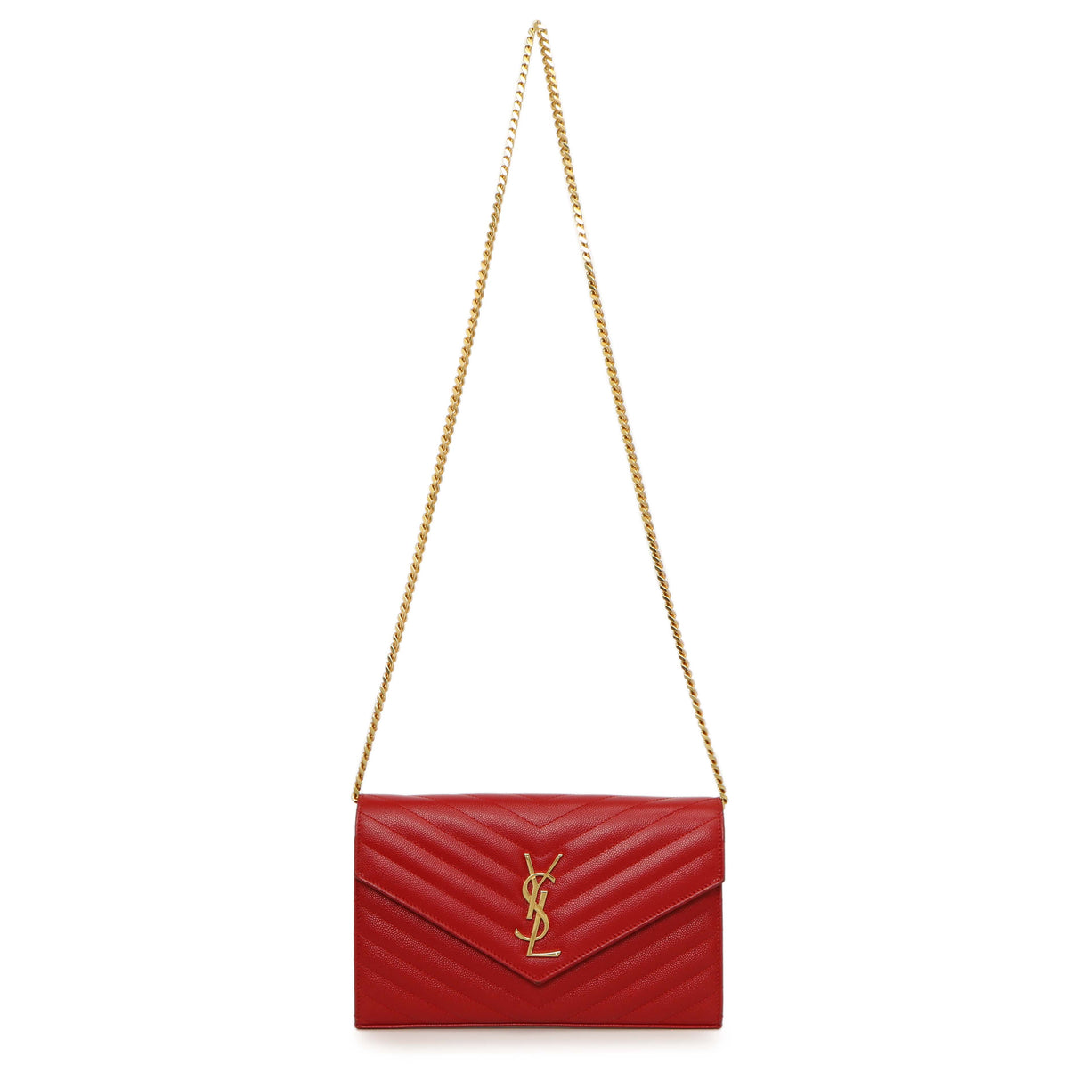 Saint Laurent Red Grain De Poudre Matelasse Chevron Monogram Chain Wallet