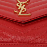 Saint Laurent Red Grain De Poudre Matelasse Chevron Monogram Chain Wallet