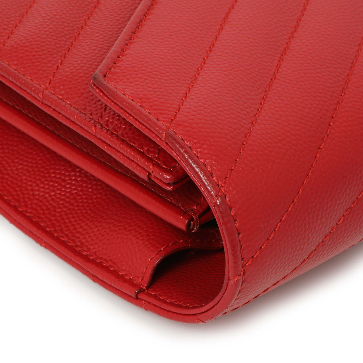 Saint Laurent Red Grain De Poudre Matelasse Chevron Monogram Chain Wallet