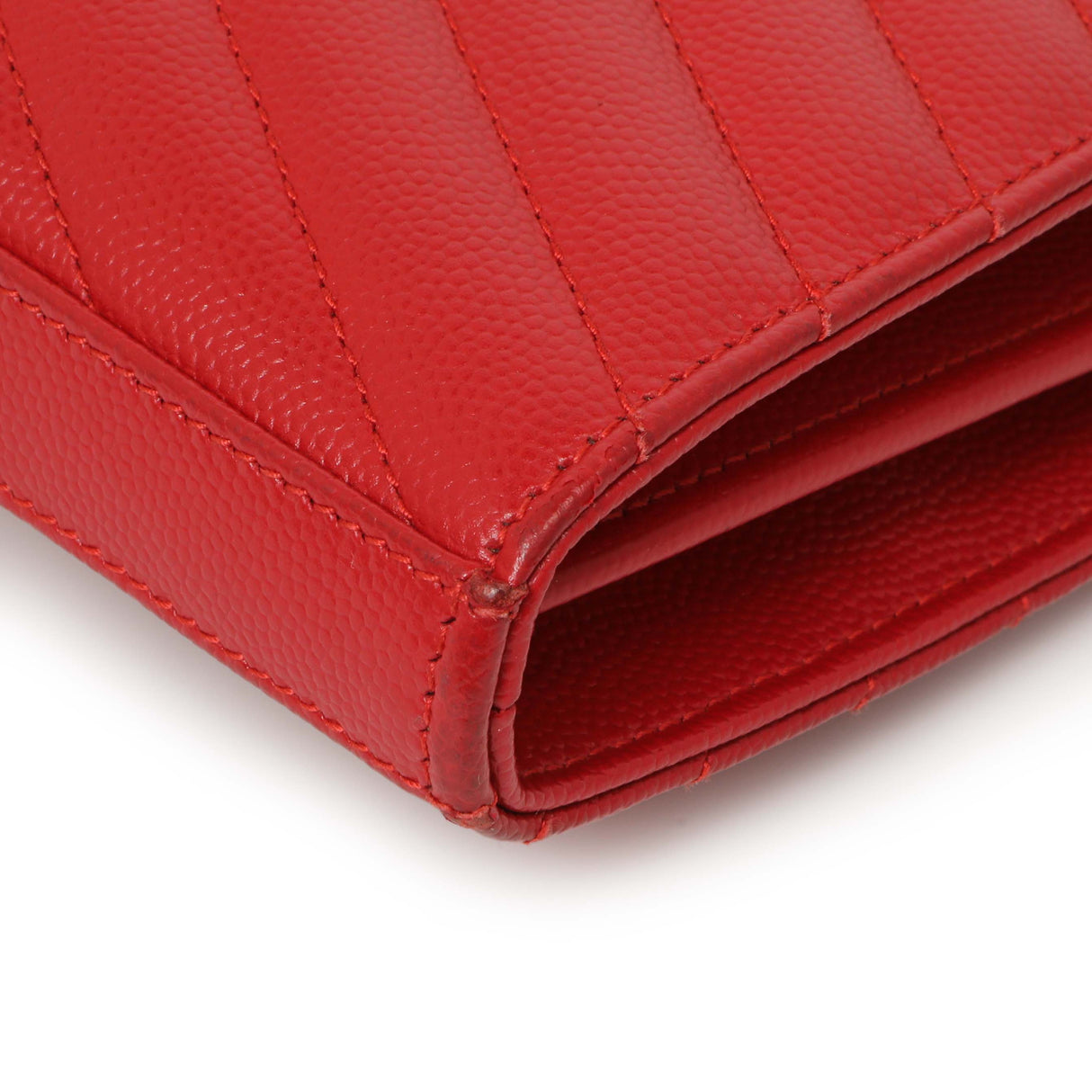 Saint Laurent Red Grain De Poudre Matelasse Chevron Monogram Chain Wallet