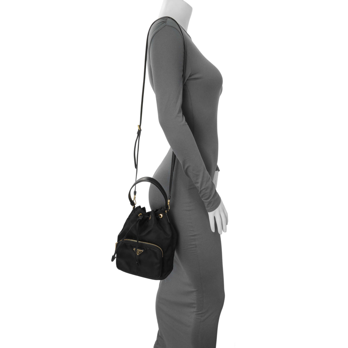 Prada Black Re-Nylon Saffiano Duet Bucket Crossbody Bag Handbags Prada