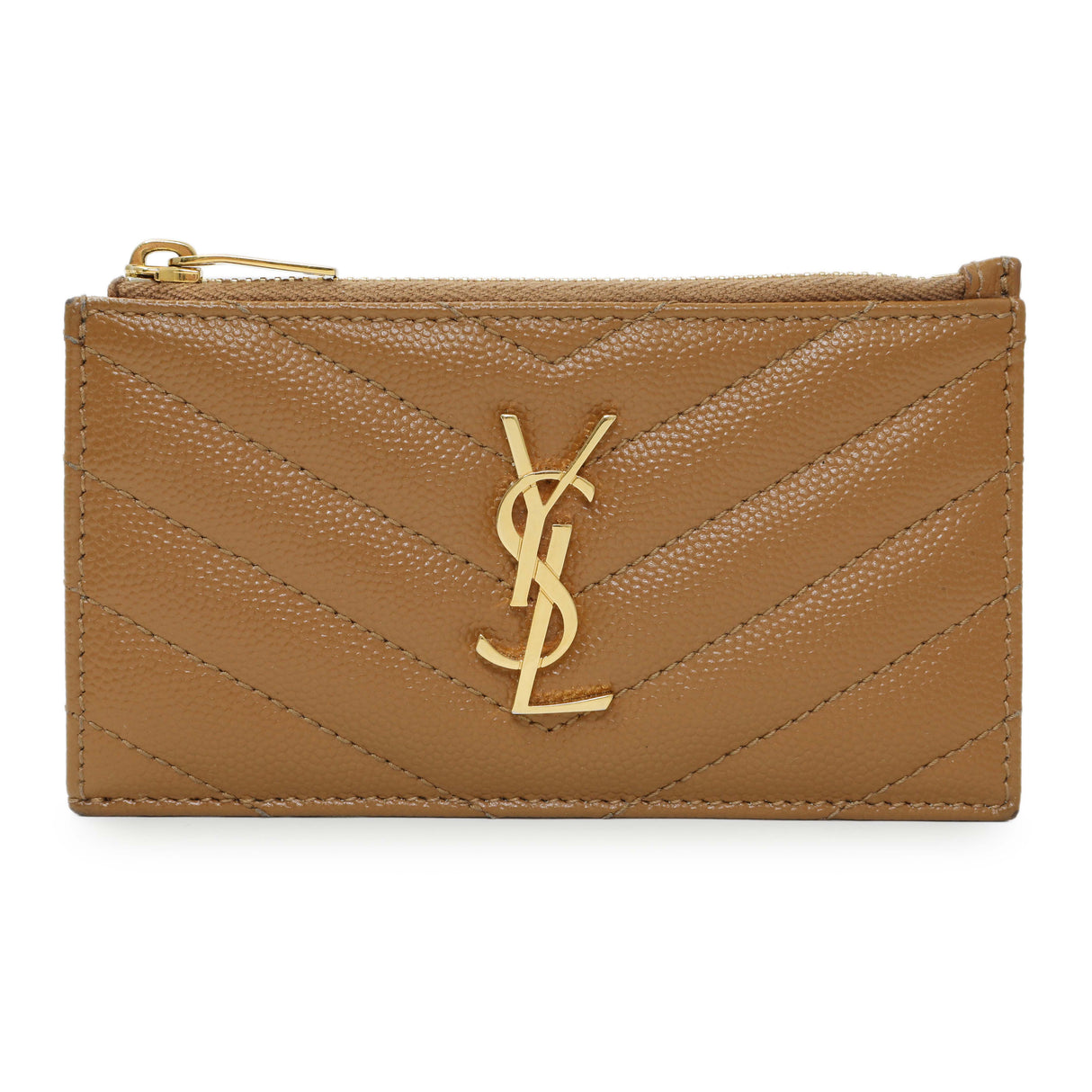 Saint Laurent Brown Grain De Poudre Matelasse Chevron Monogram Fragments Zippered Card Case Accessories Saint Laurent