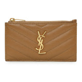 Saint Laurent Brown Grain De Poudre Matelasse Chevron Monogram Fragments Zippered Card Case Accessories Saint Laurent