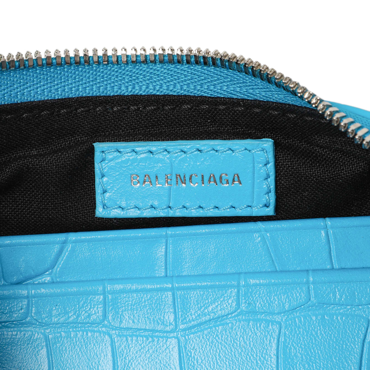 Balenciaga Blue Crocodile Embossed Calfskin Crystal Le Cagole Mini Purse With Chain