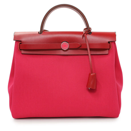 Hermes Rose Mexico Rouge Piment Toile Militaire Vache Hunter Laque Herbag Zip Retourne 31 PM Handbags Hermes