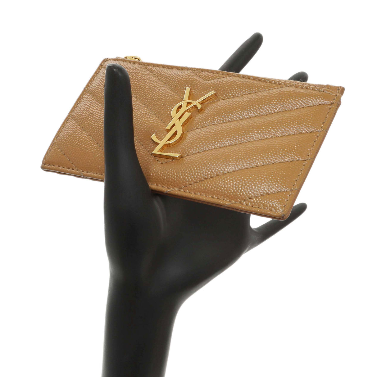 Saint Laurent Brown Grain De Poudre Matelasse Chevron Monogram Fragments Zippered Card Case Accessories Saint Laurent