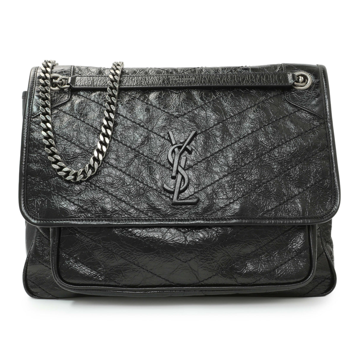 Saint Laurent Black Crinkled Calfskin Matelasse Monogram Large Niki Chain Satchel Handbags Saint Laurent