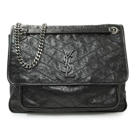 Saint Laurent Black Crinkled Calfskin Matelasse Monogram Large Niki Chain Satchel Handbags Saint Laurent