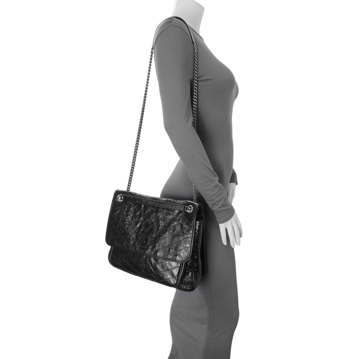 Saint Laurent Black Crinkled Calfskin Matelasse Monogram Large Niki Chain Satchel Handbags Saint Laurent