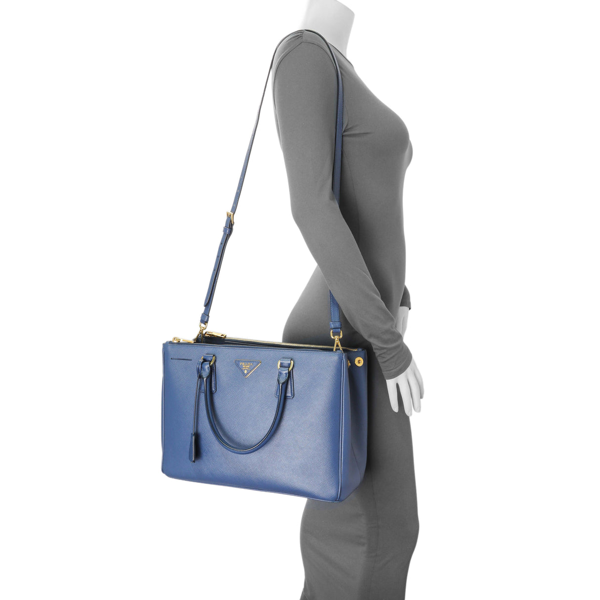 Prada Blue Saffiano Medium Galleria Double Zip Tote Handbags Prada