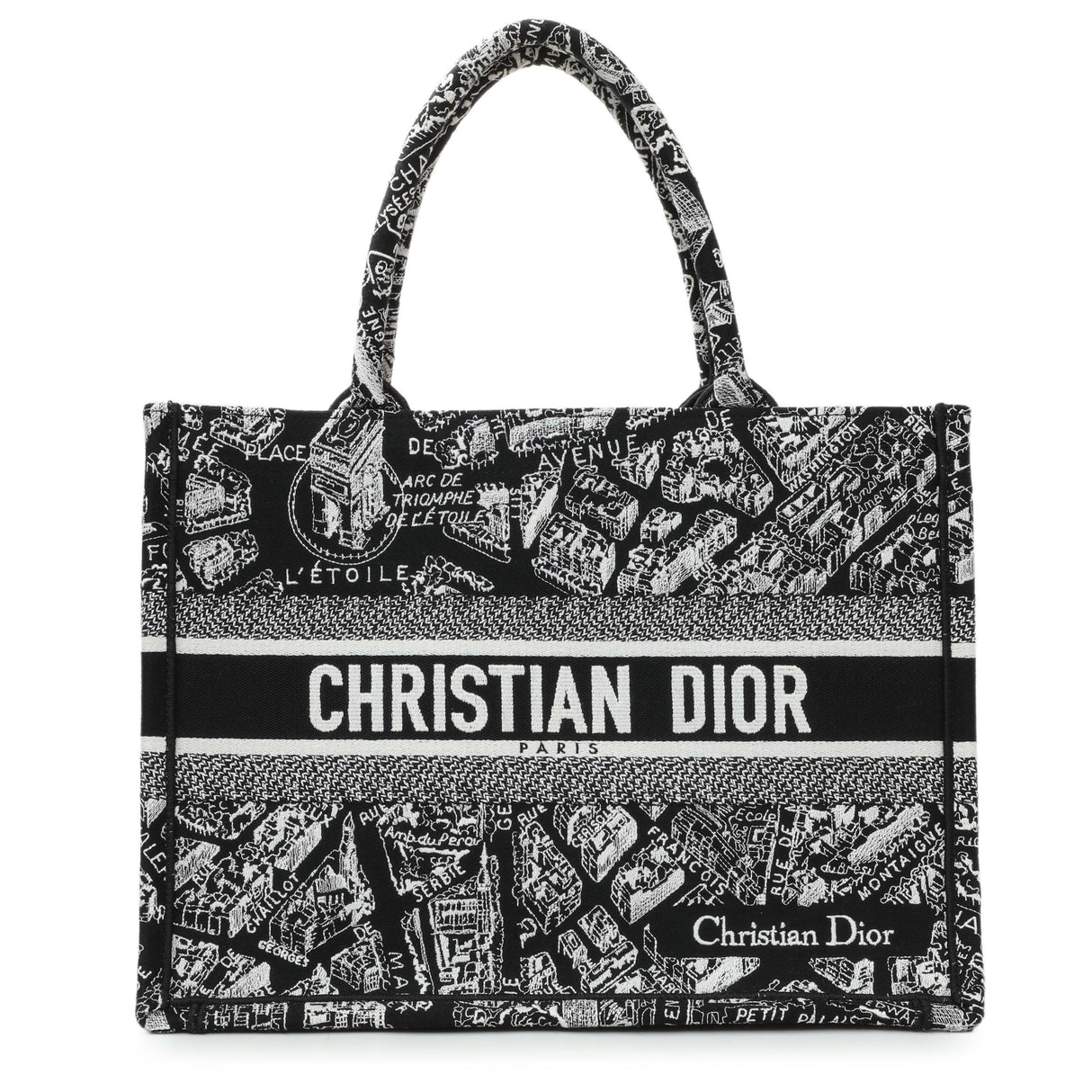Christian Dior Black White Canvas Embroidered Plan De Paris Medium Book Tote Handbags Christian Dior