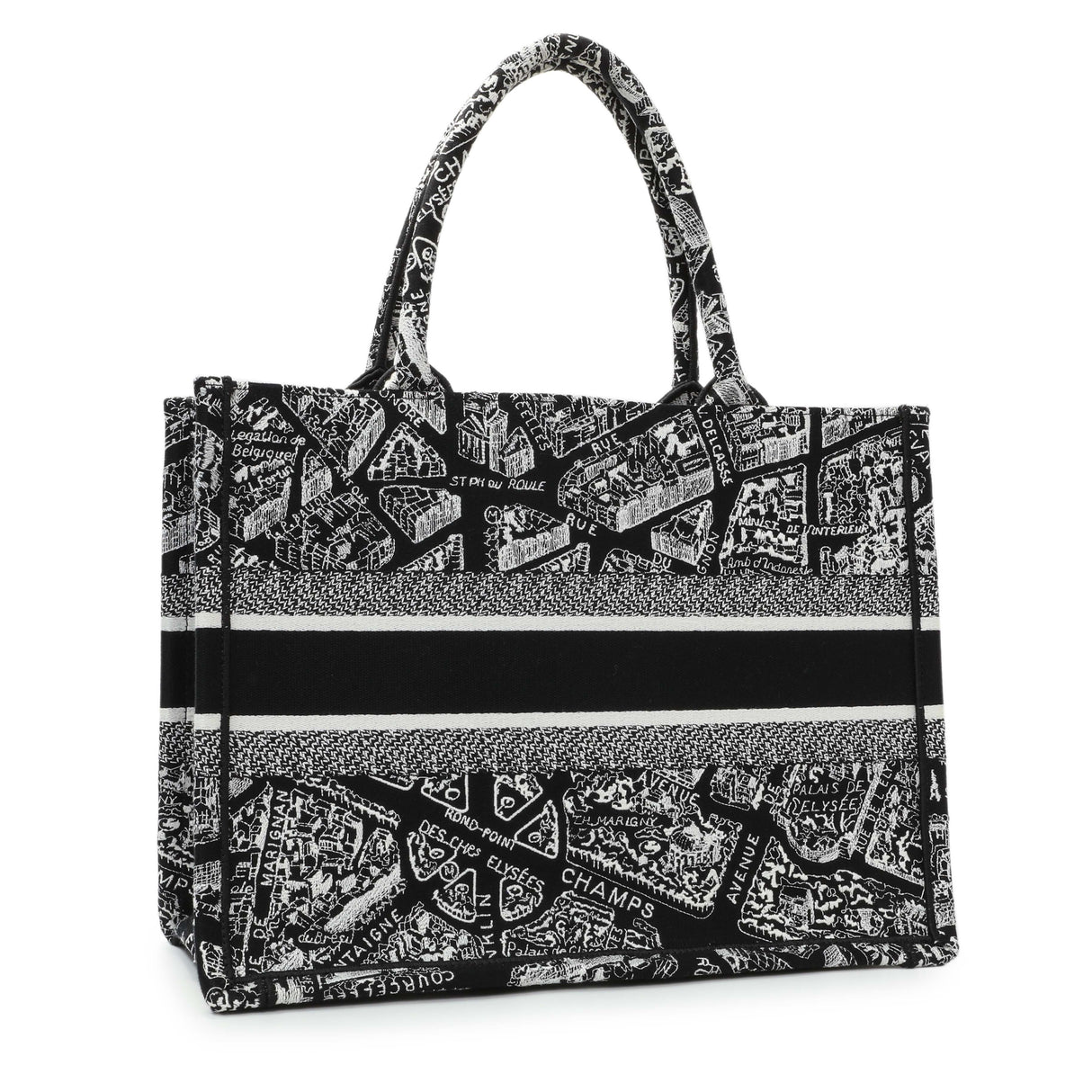 Christian Dior Black White Canvas Embroidered Plan De Paris Medium Book Tote Handbags Christian Dior