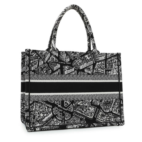 Christian Dior Black White Canvas Embroidered Plan De Paris Medium Book Tote