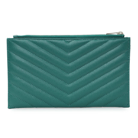 Saint Laurent Teal Grain De Poudre Chevron Monogram Bill Pouch