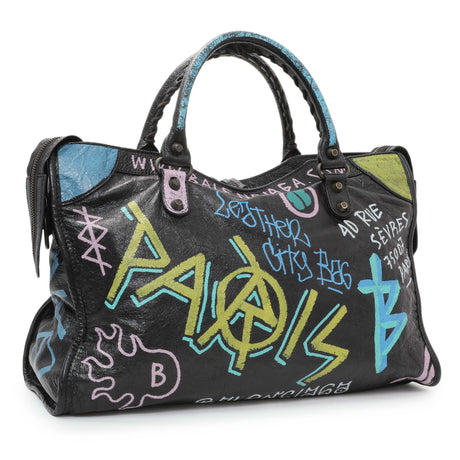 Balenciaga Black Agneau Graffiti All Over Classic Hardware City Handbags Balenciaga