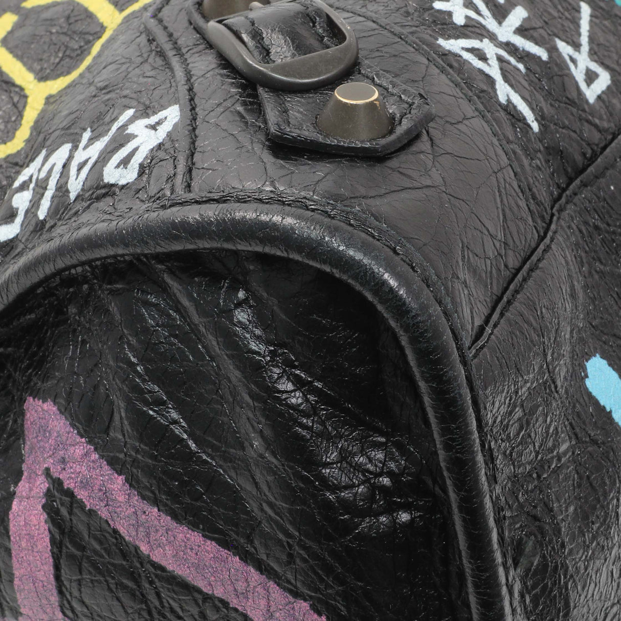 Balenciaga Black Agneau Graffiti All Over Classic Hardware City Handbags Balenciaga