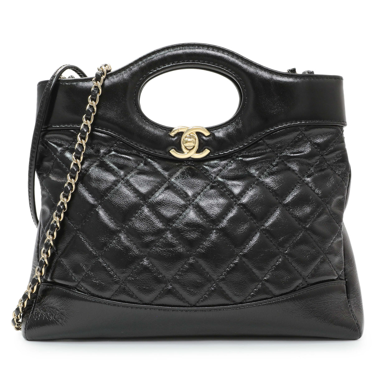 Chanel Black Shiny Crumpled Calfskin Quilted Mini 31 Shopping Bag Handbags Chanel