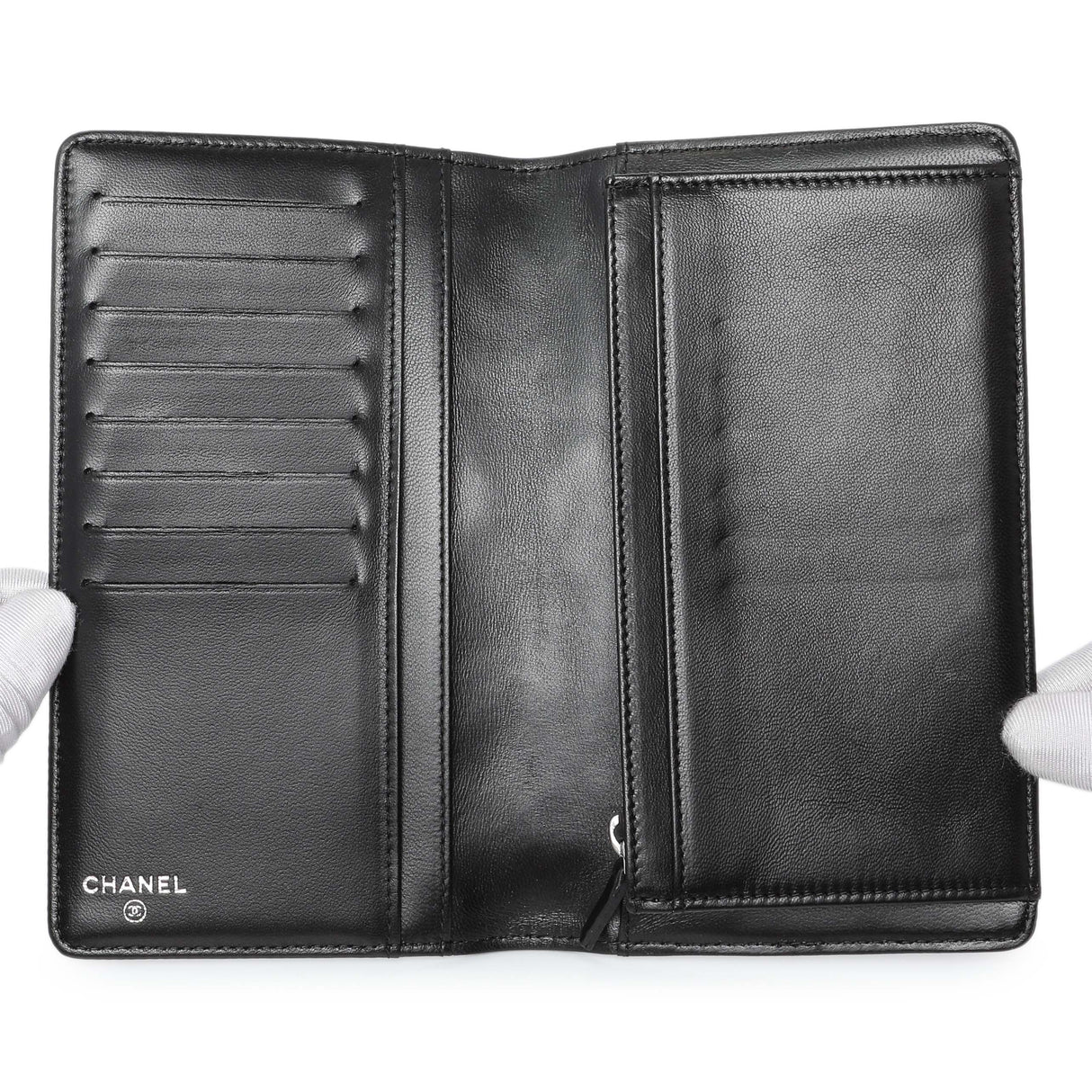 Chanel Black Lambskin Camellia Embossed Yen Wallet Accessories Chanel